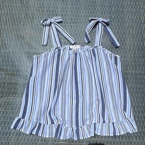 Ultra Flirt bows on straps, blue white stripe ruffle blouse, size large